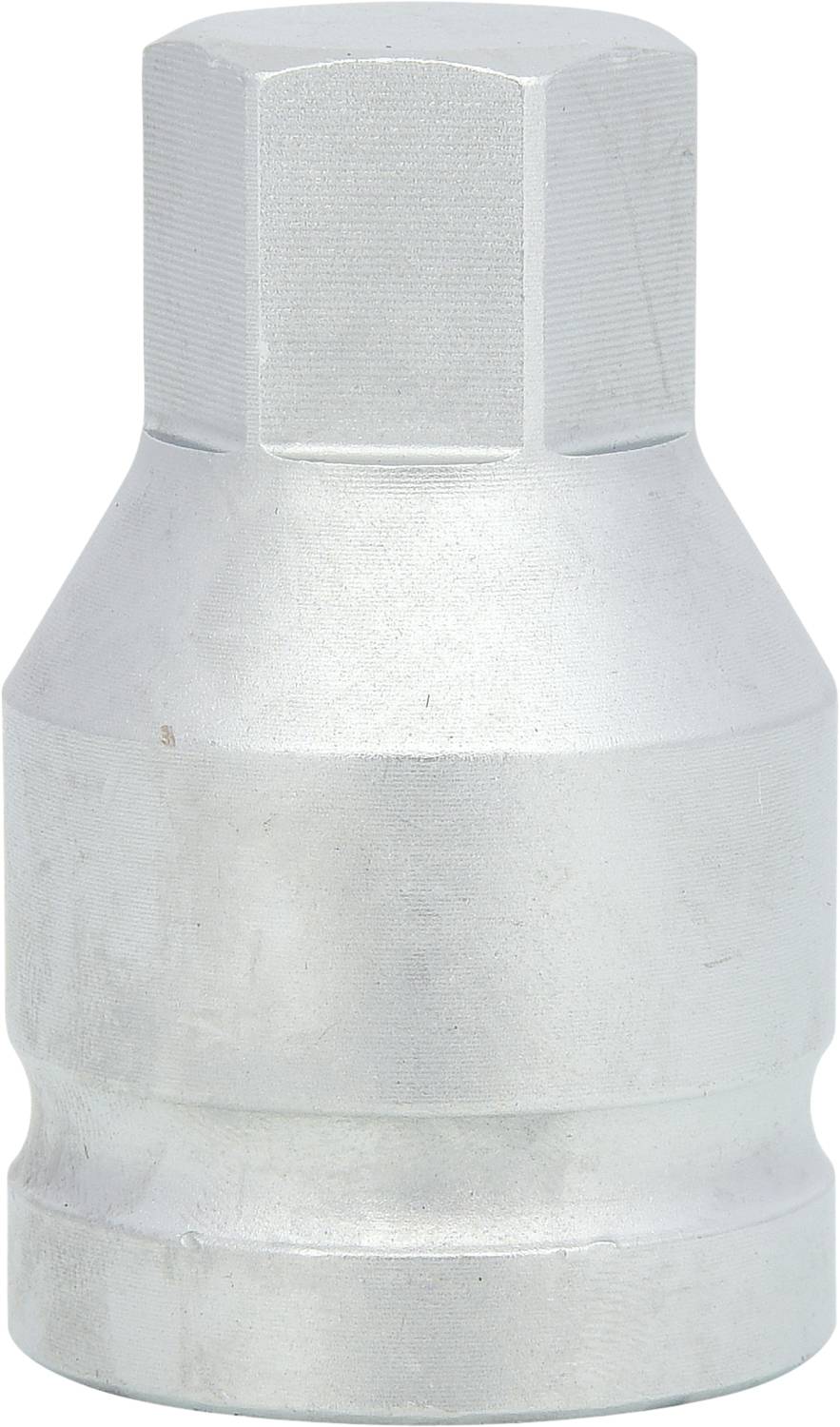 Silver-coloured metal adapter with a hexagonal top surface and a tapered base, likely a specialised tool or screw connection.