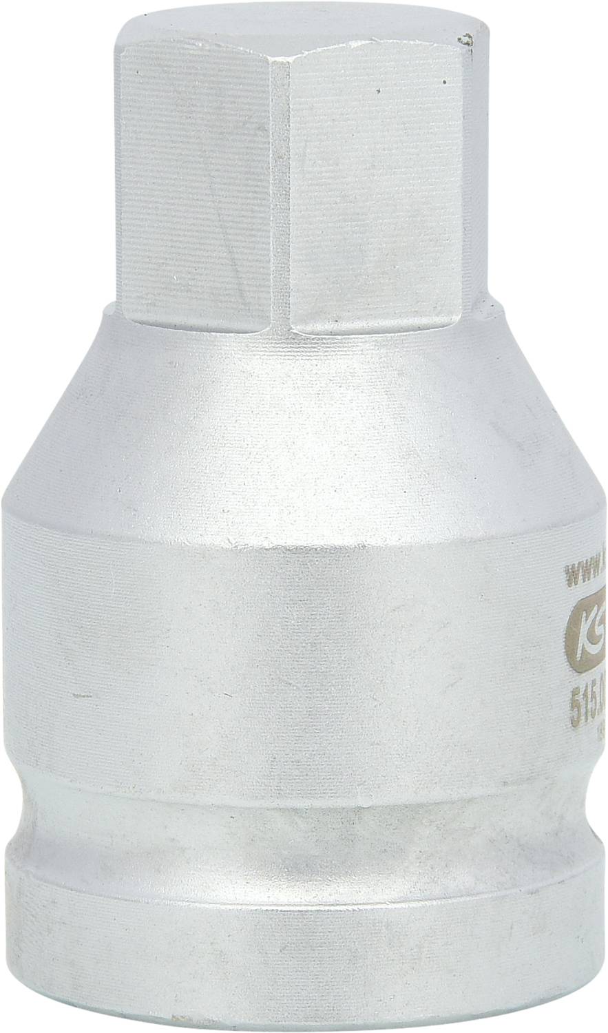 Metallic hexagonal adapter, commonly used for tools or mechanical applications.