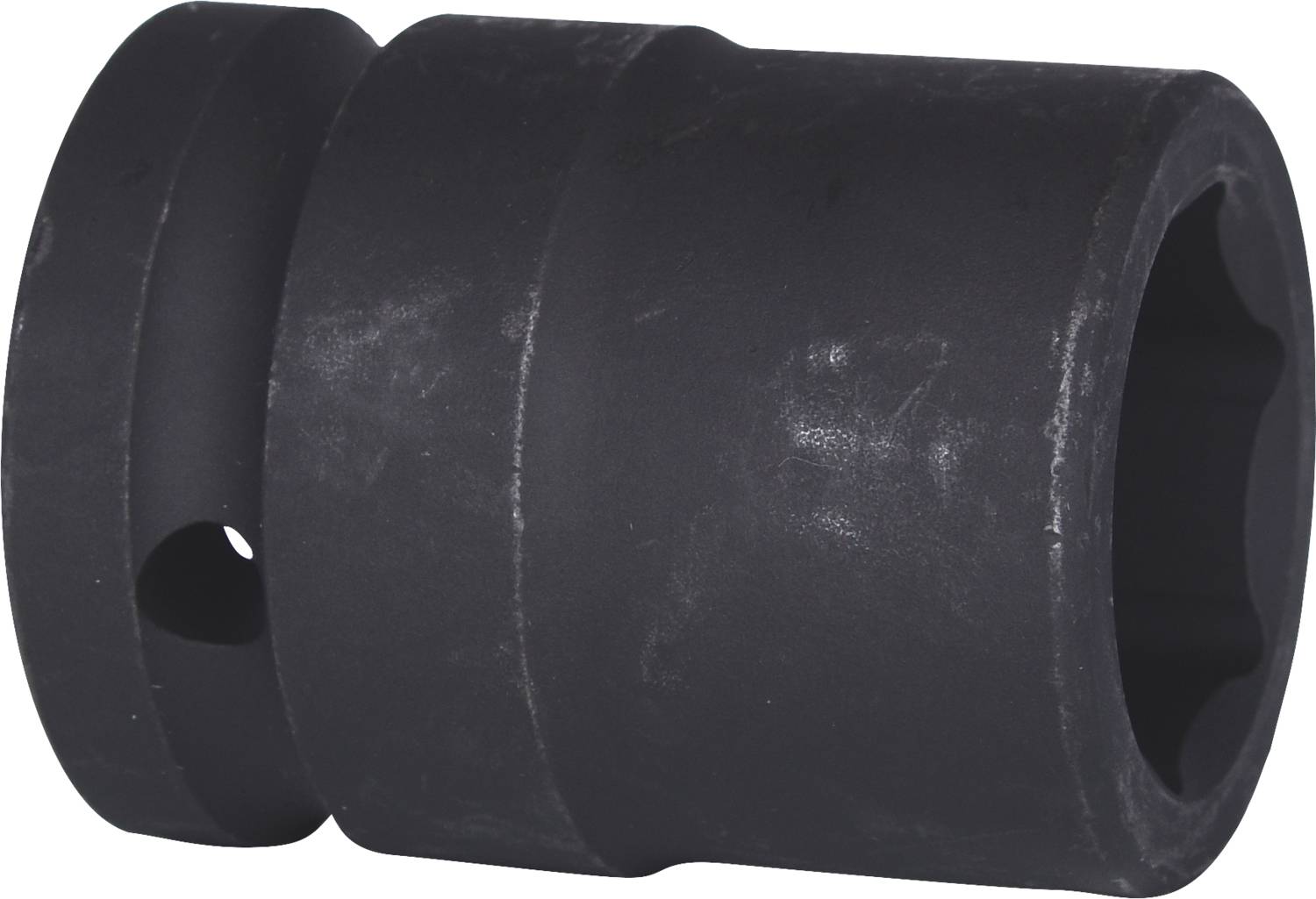 A black socket adaptor with a round shape and a hexagonal nut opening. Ideal for repair work.