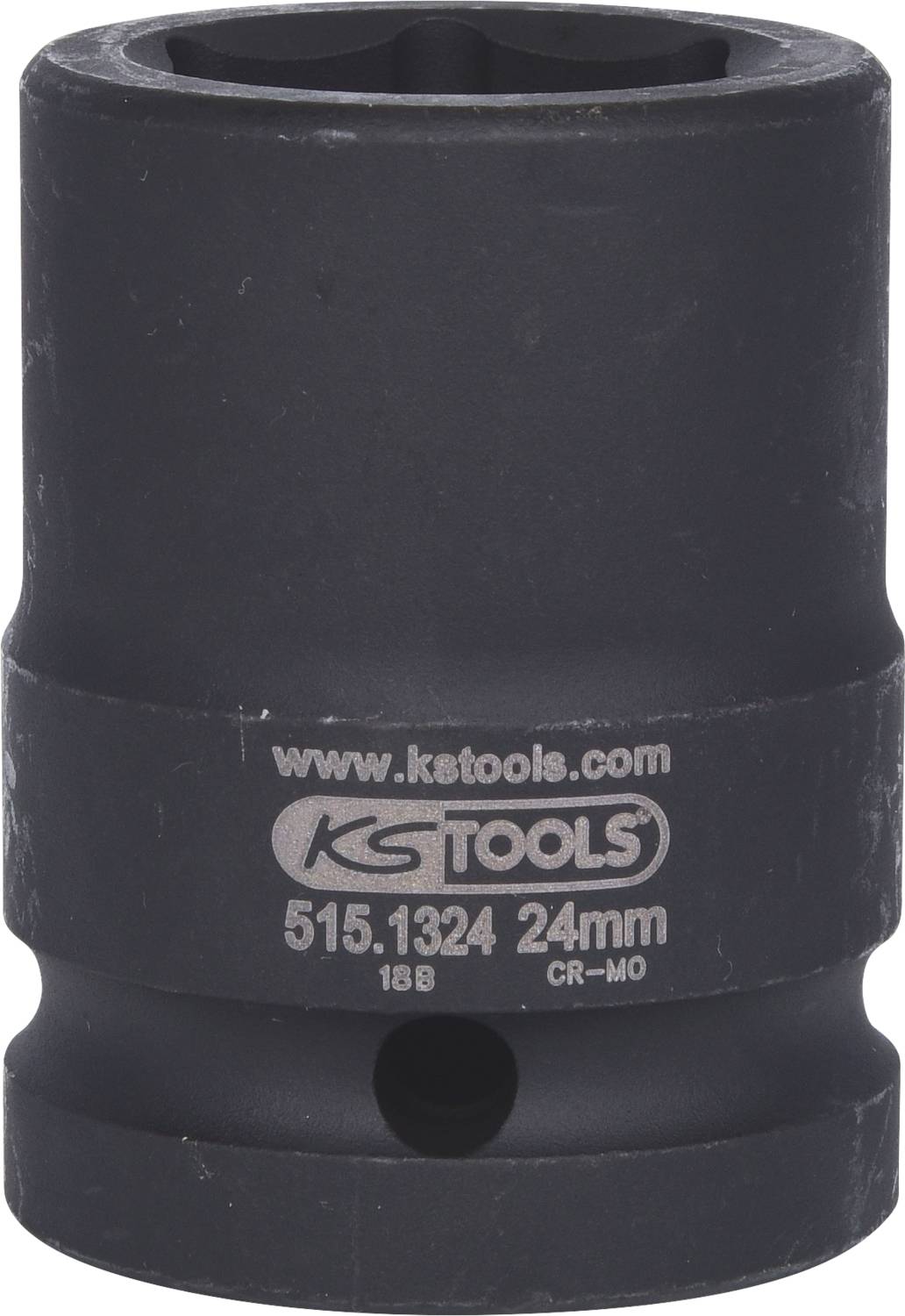Black impact socket by KS Tools, model number 515.1324, size 24 mm, made of CR-MO steel, for use with a socket wrench.