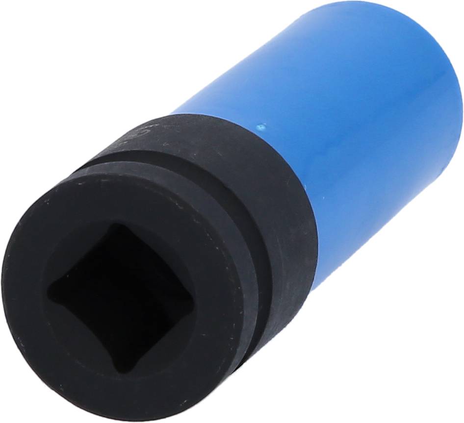 A blue socket wrench tool with a black rubber coating is viewed slightly from the side.