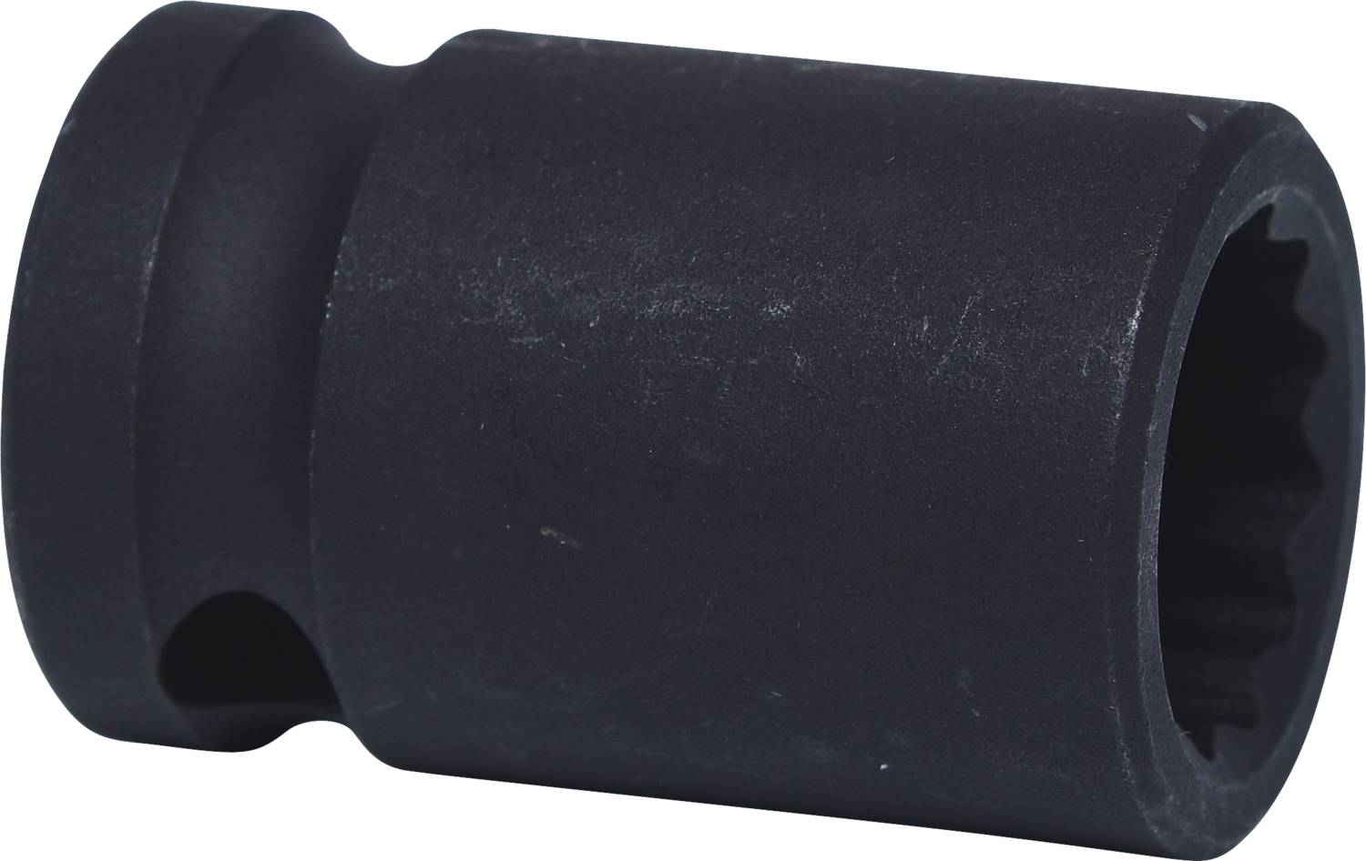 A black, cylindrical hexagonal socket drive insert made of metal, for use with screws or nuts.