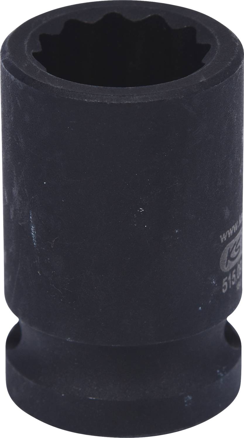 Black metal socket insert with a twelve-point internal hexagon, cylindrical shape, used for screw-related work.
