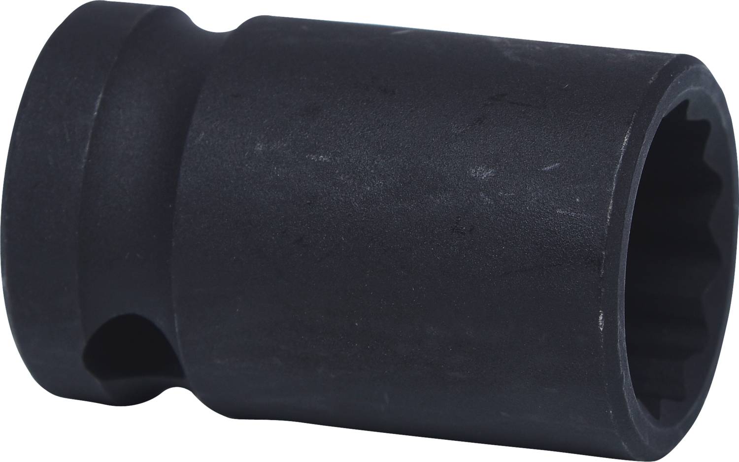 Black engineering nut with a round shape, usable for mechanical work, against a white background.