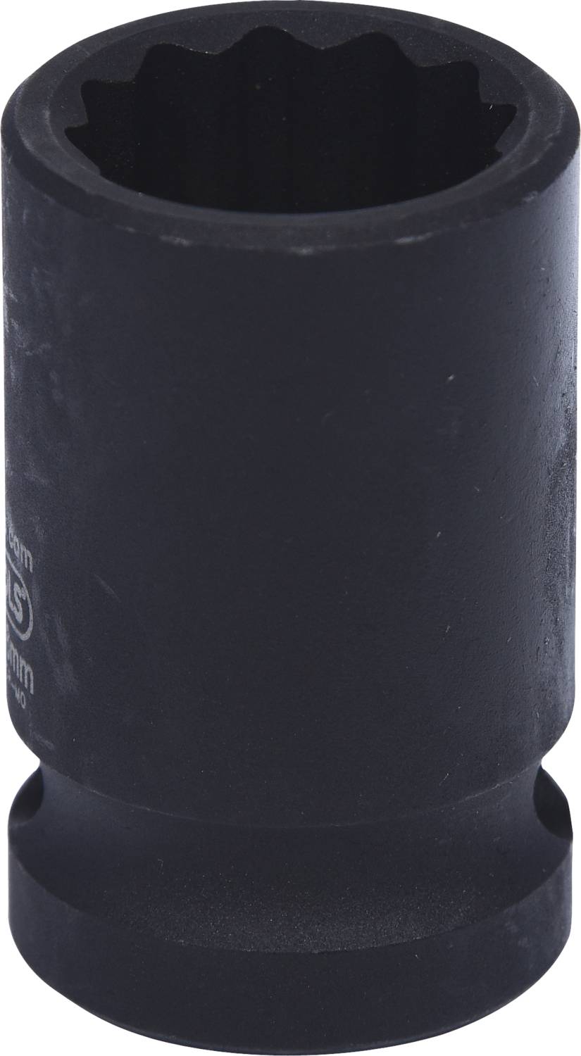 A black metal socket or socket adaptor, cylindrically shaped, with a hexagonal profile at one end.