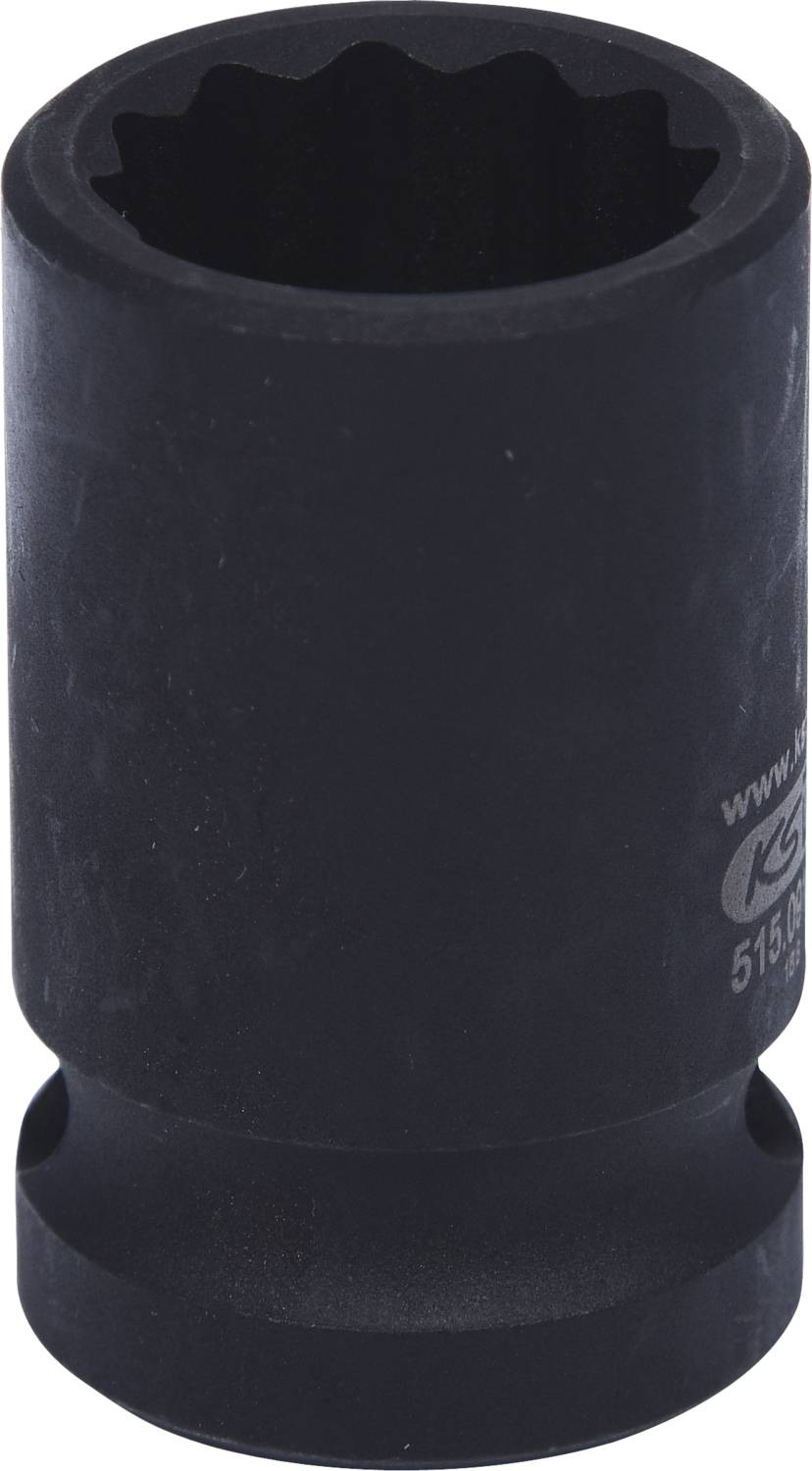 A black, cylindrical socket with twelve teeth, suitable for heavy machinery repairs.