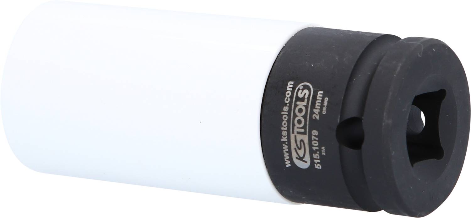 A white socket wrench with a black hexagonal end, 24 mm in size, by KS Tools. Used for tightening or loosening nuts and bolts.