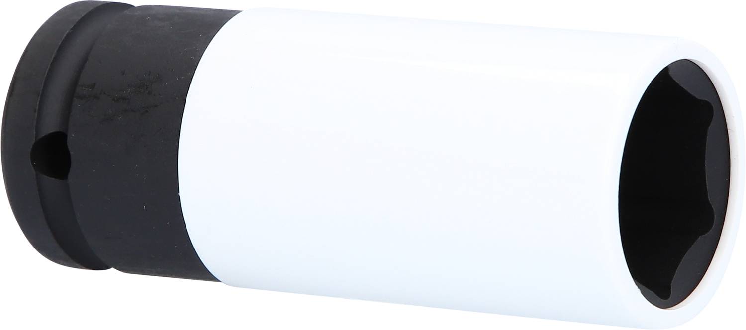 White socket with black end, cylindrical, for use with spanners or ratchets.