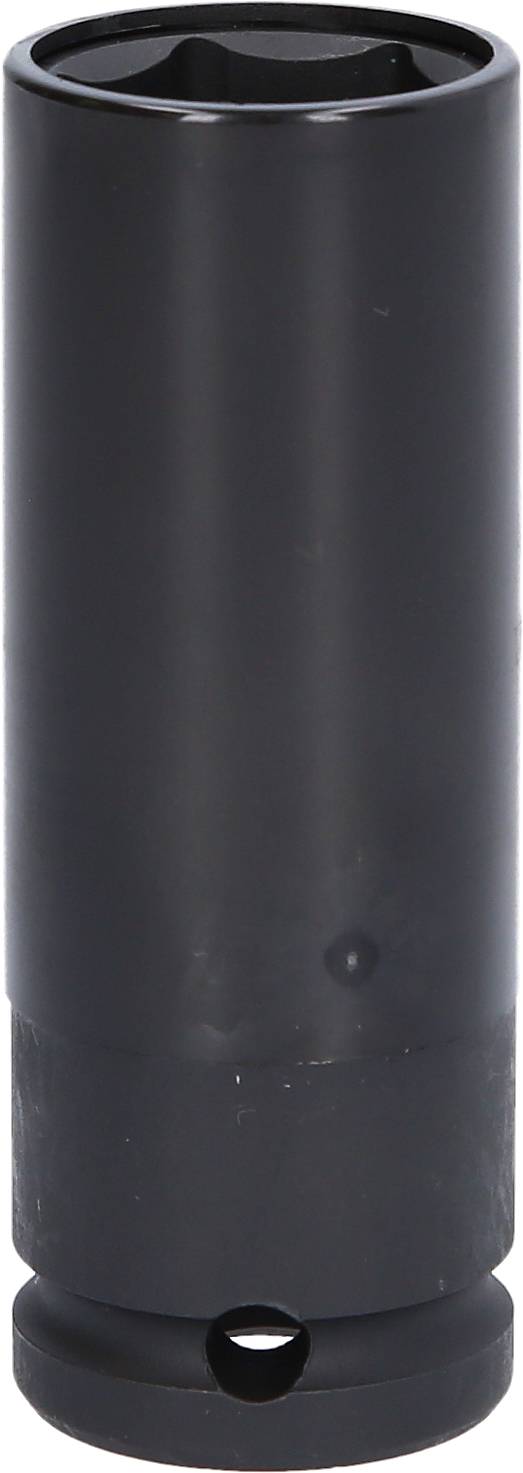 A black hexagonal socket with a long shaft, suitable for use with a spanner or a ratchet.