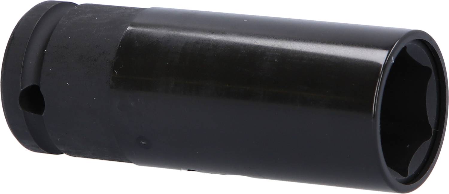 Black hexagonal socket wrench, cylindrical, designed for use with ratchet tools, suitable for heavy industrial applications.