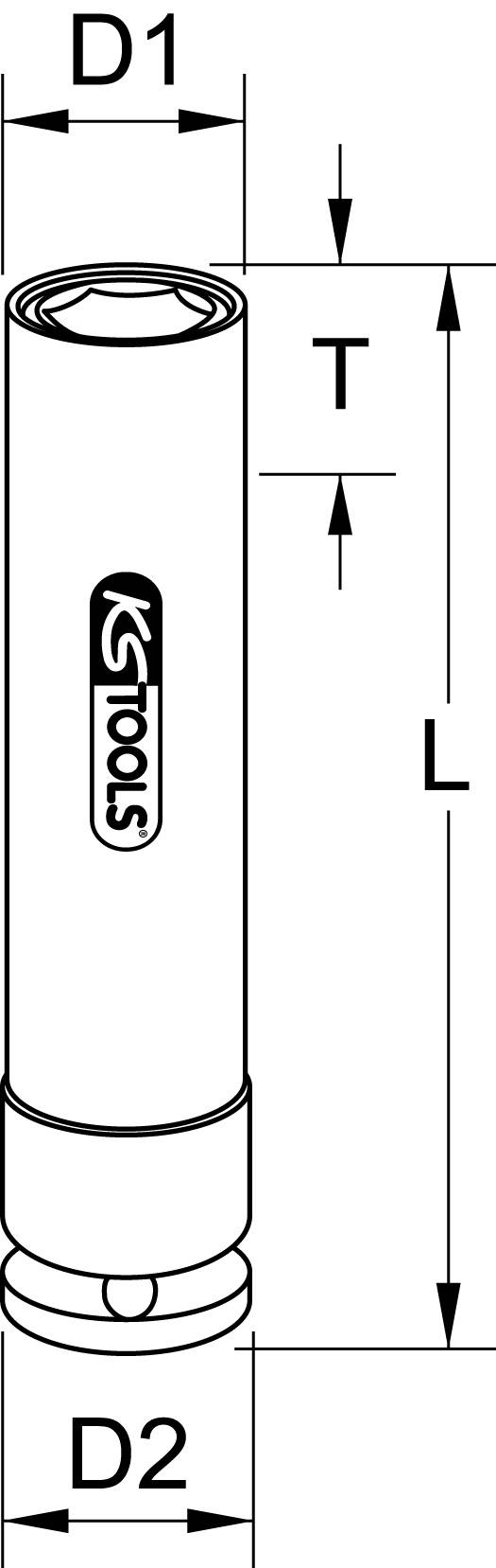 Drawing of a cylindrical tool part with dimensions D1, D2, L and T. 'KS Tools' logo on the side.