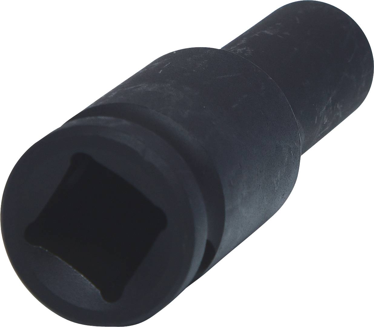 Black socket adaptor with square opening, suitable for mechanical work and loosening screws and nuts.