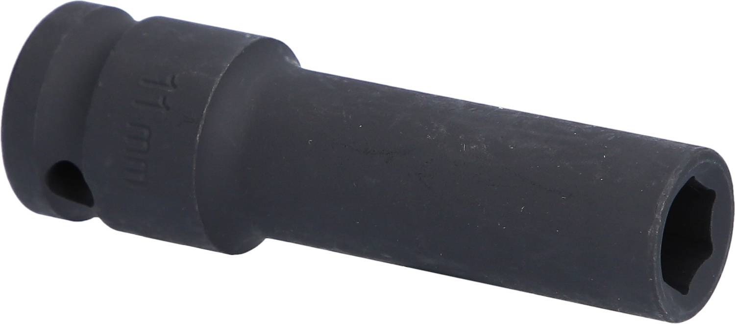 A black hex socket attachment, for ratchet systems, lies horizontally on a light background.