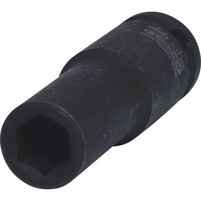 A black, elongated tool socket key, cylindrical in shape with a hexagonal end for tightening or loosening nuts.