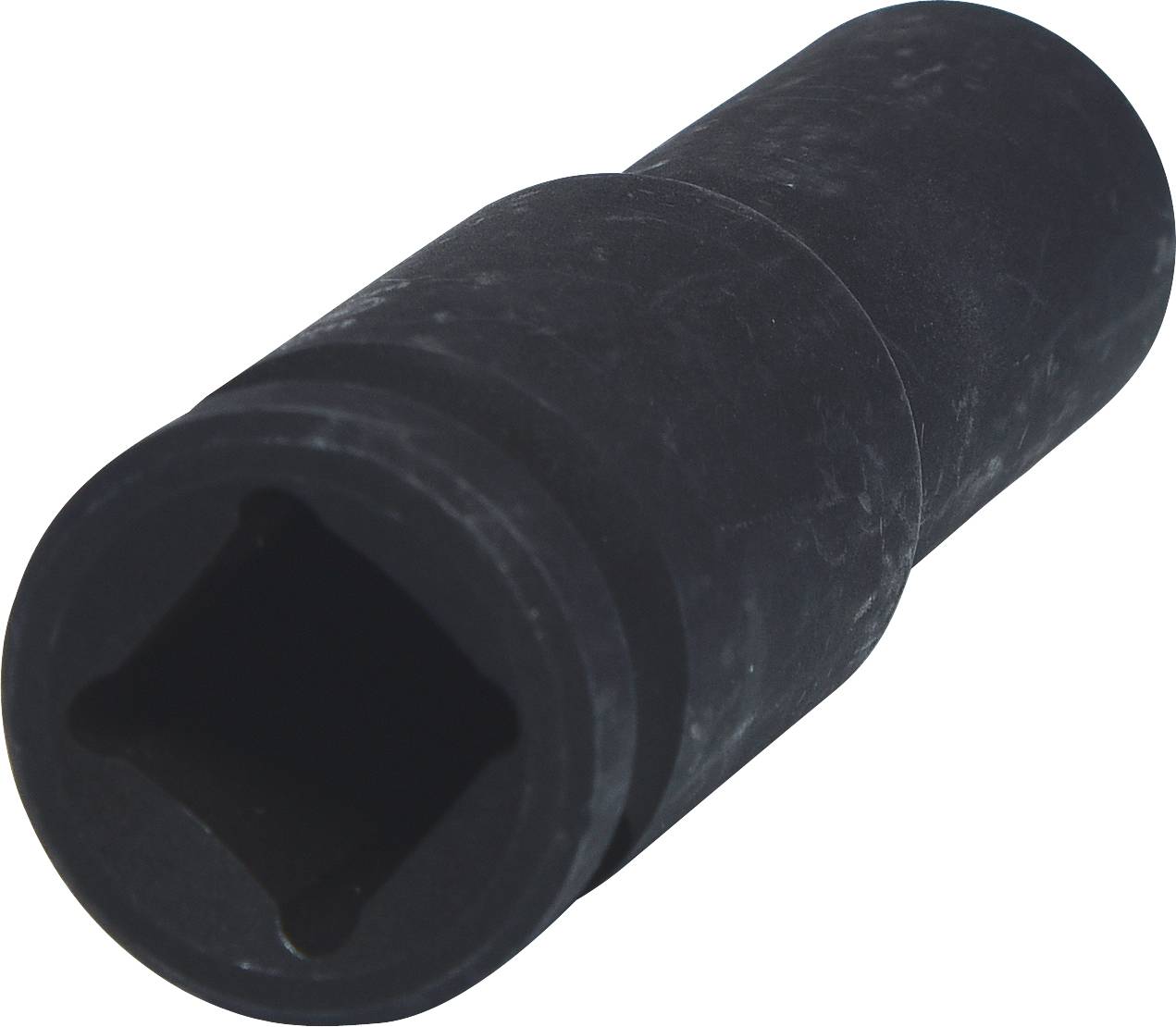 A black socket nut in cylindrical form, specifically designed for use with impact drivers, is shown.