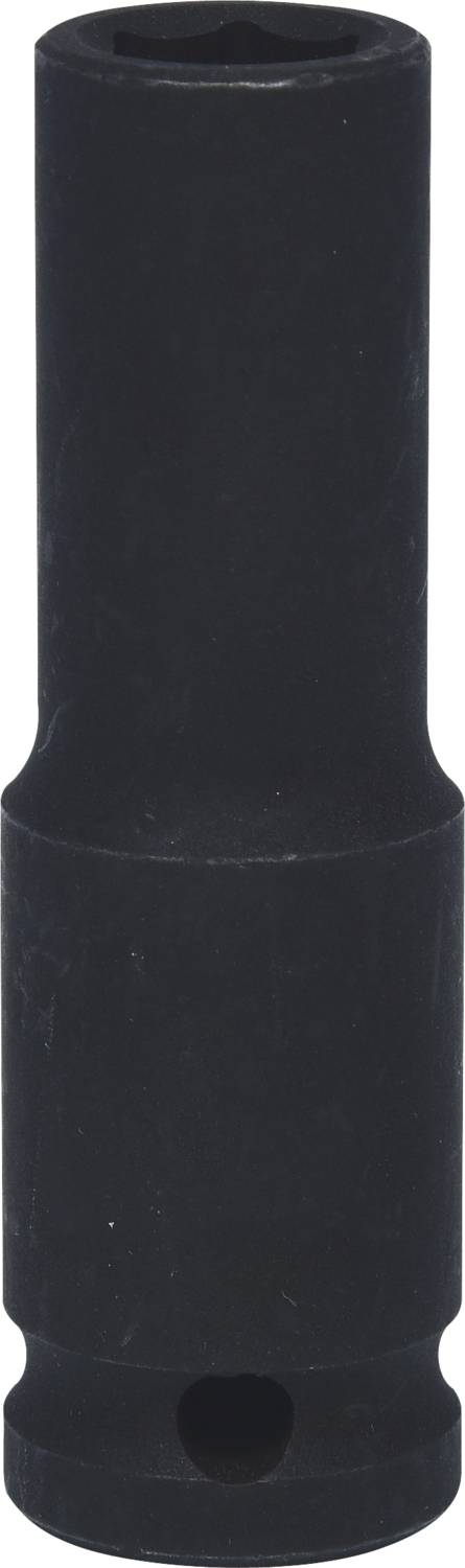 Black cylindrical object, possibly a tool attachment, with a conical shape and a small opening at the bottom.