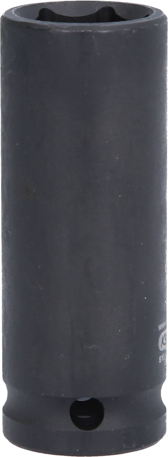 A black metal socket, cylindrical in shape, often used for mechanical applications and suitable for use with a spanner.