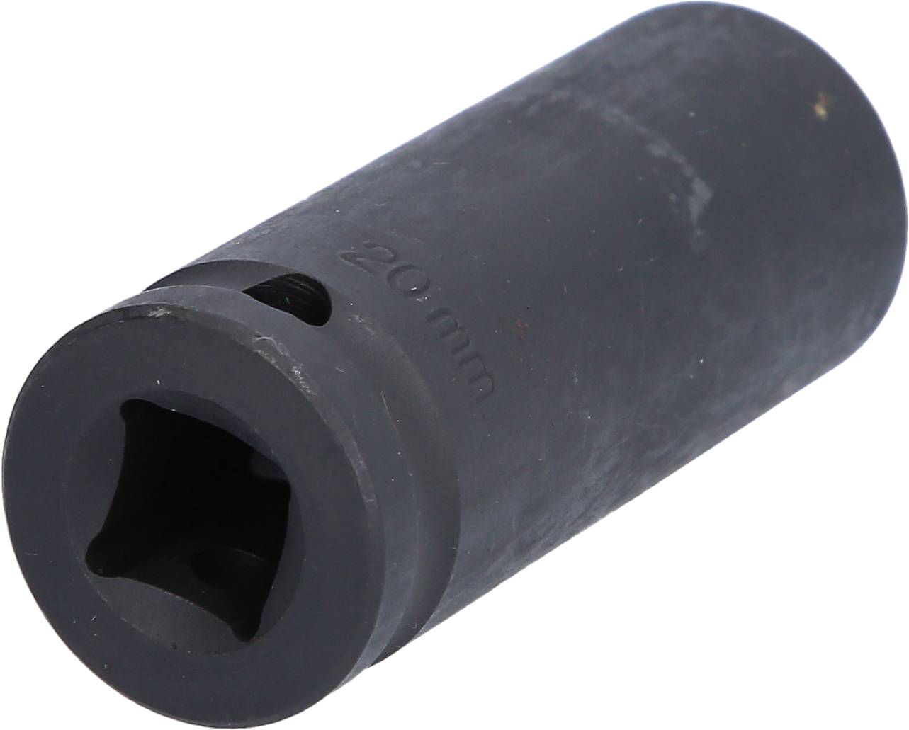 A black metal socket nut with a 20 mm marking on the side, suitable for use with a socket wrench.