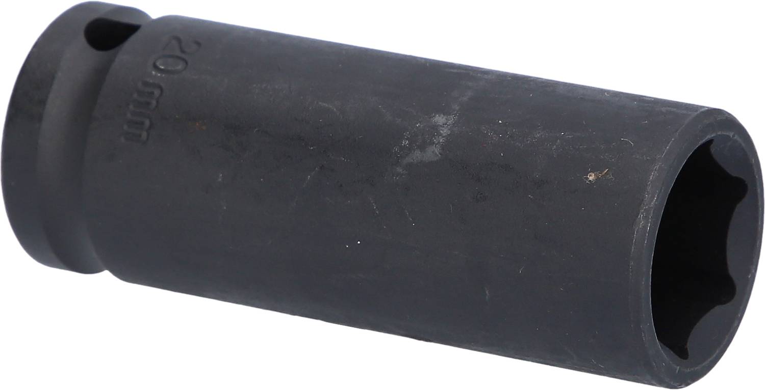 A black 20mm hexagonal socket, primarily used for tightening or loosening bolts and nuts.