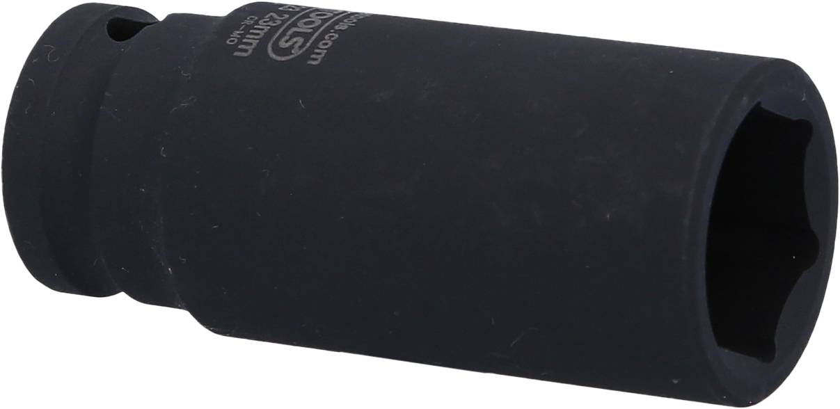 A black set screw, cylindrical in shape, with a hexagonal opening, suitable for screws and nuts, is lying on a white background.