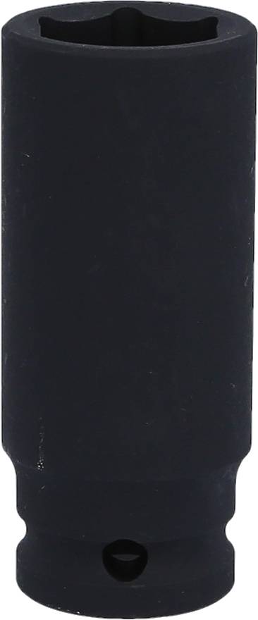 Black socket nut with round profile and small notch near the end. Used for mechanical work to tighten bolts.