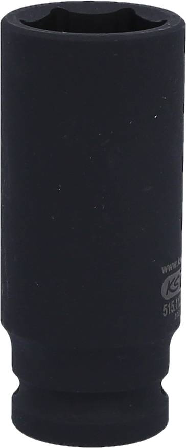 A black socket, cylindrically shaped, for use with a socket wrench set. Suitable for mechanical work.