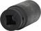 Cylindrical black metal adapter with a square cavity. Used for connecting tools or machines.