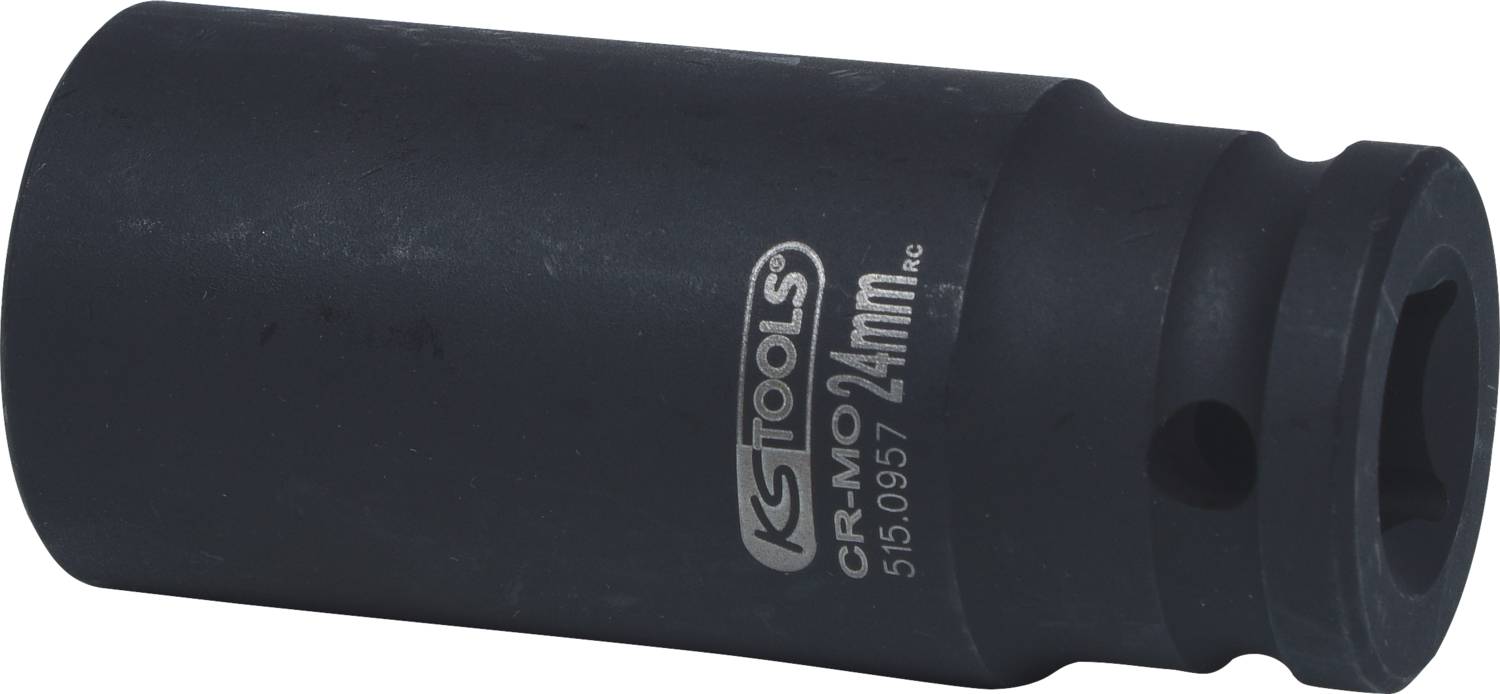 Black chrome-molybdenum socket extension for screw work, size 24 mm, with manufacturer's logo on the side.