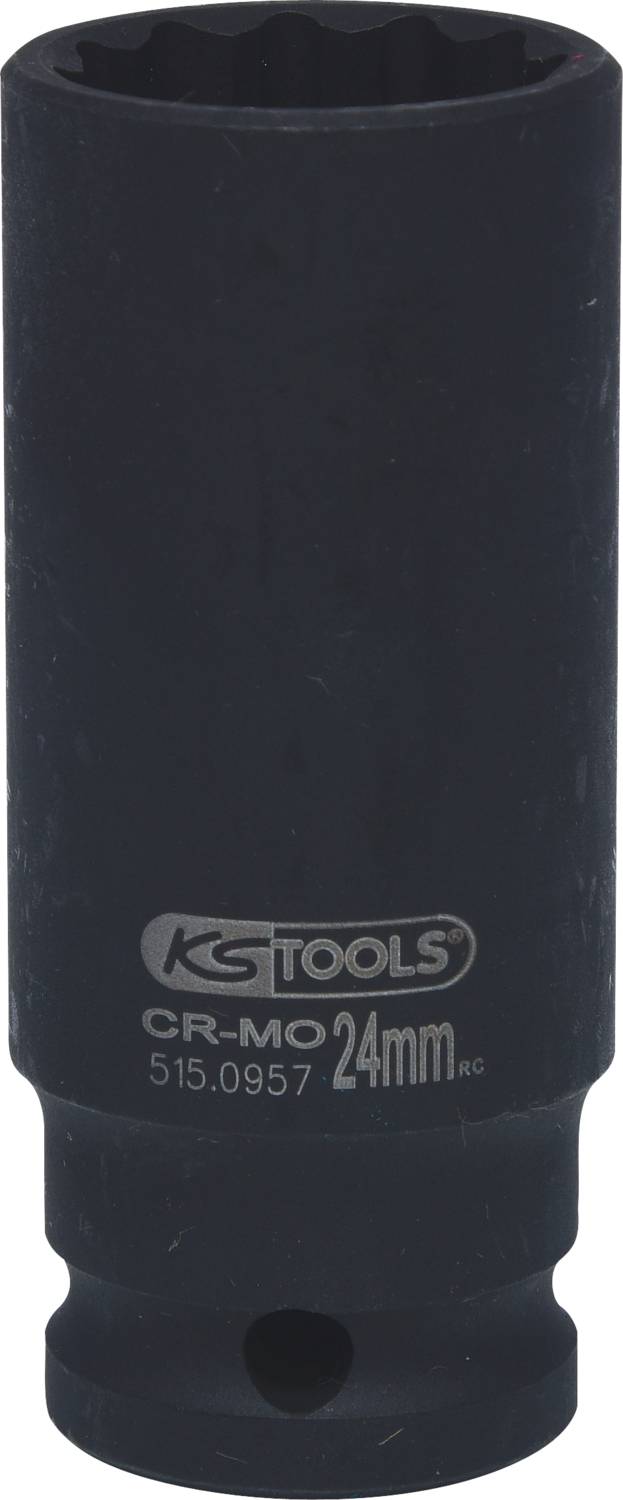 Black socket with the inscription 'KS TOOLS CR-MO 24mm'. It is cylindrical and suitable for mechanical applications.