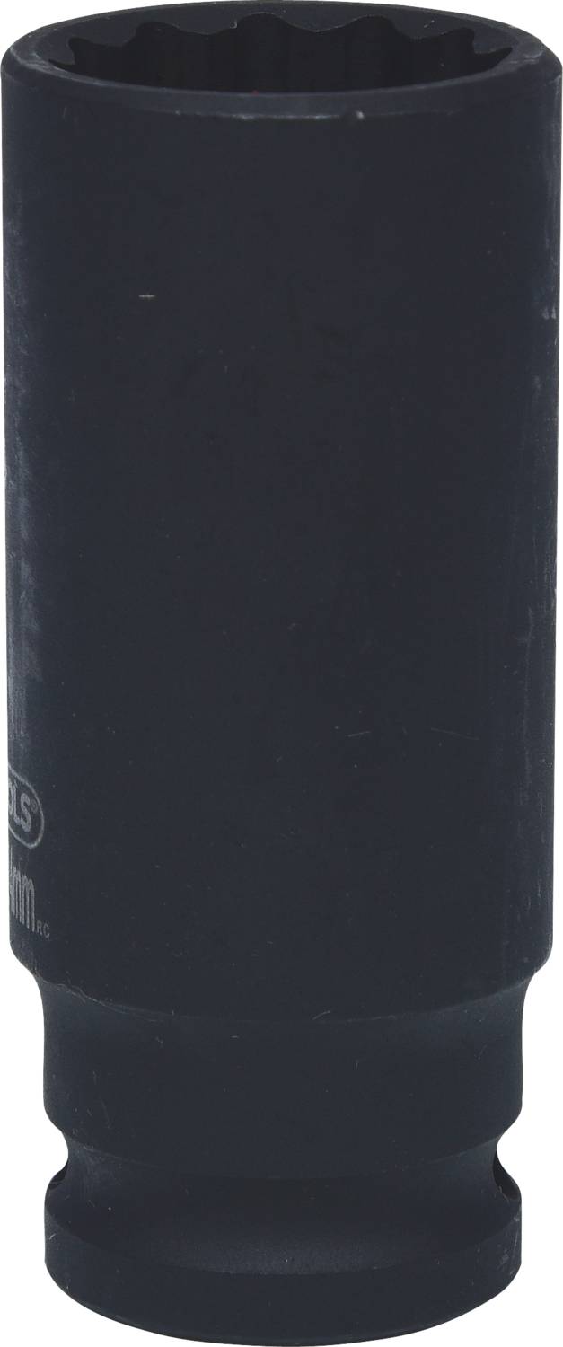 Black socket nut in cylindrical form, suitable for use with spanners when assembling nuts or bolts.