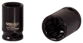 'Two black metal nuts, one standing and one lying on its side. Inscription: Gedore, CR-MO, 19 mm.'