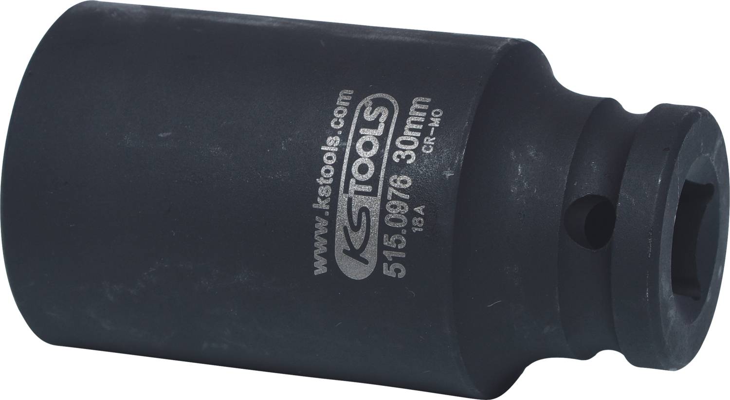A black hexagonal socket with the inscription 'KS Tools 515.0976 30 mm, CR-V10'. Used for fastening screws or nuts.