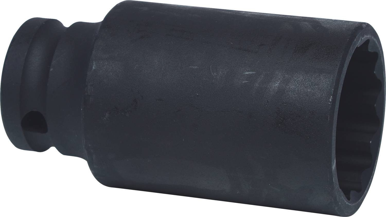 A black, cylindrical metal tool, resembling a socket for a spanner, lies horizontally against a white background.