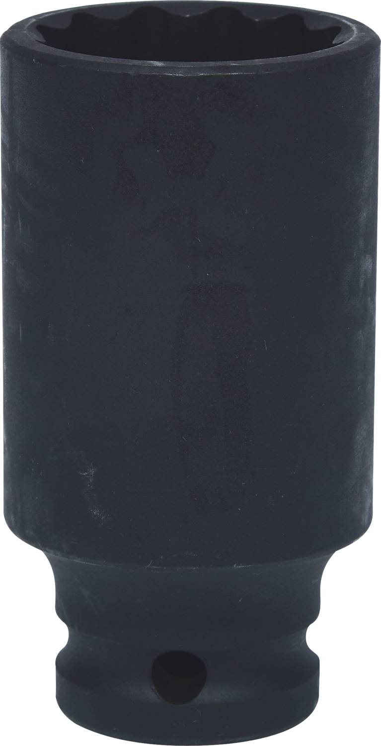 Black, cylindrical socket with deep profile, suitable for automotive mechanic tasks.