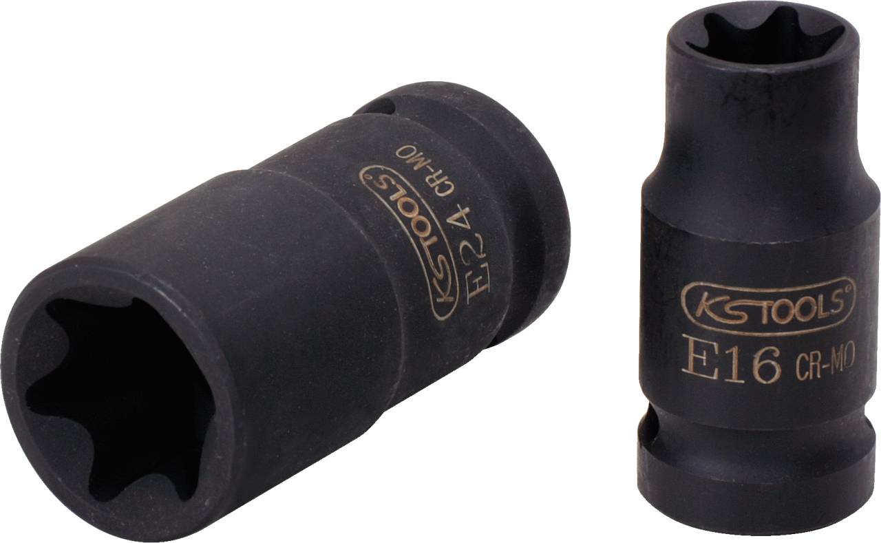 Two black metal socket nuts from KS Tools; left EP24, right E16. They are specifically designed for Torx screws.