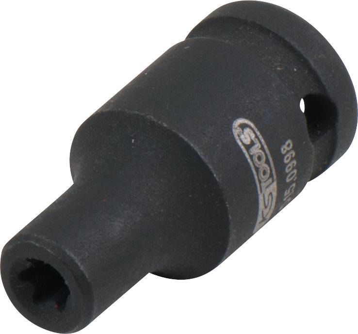 A metal spanner in cylindrical form with an integrated hole and brand name printed on the side.