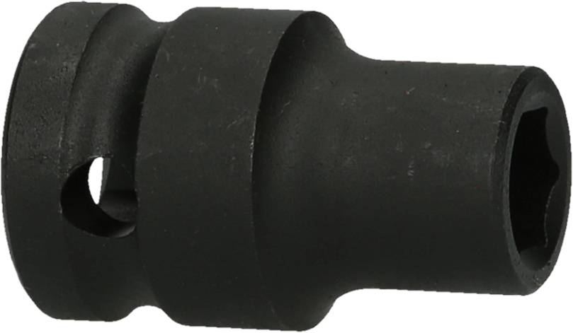 Black metal socket, cylindrical with a side hole, suitable for spanners or attachment tools.