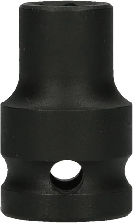 Black metal adapter with a cylindrical shape and a hole in the centre, used for fastening applications or connecting parts.