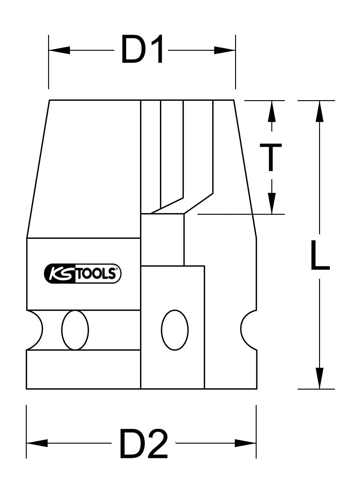 Technical drawing of a metal sleeve with dimensions D1, D2, T and L. The side view shows various grooves and details.