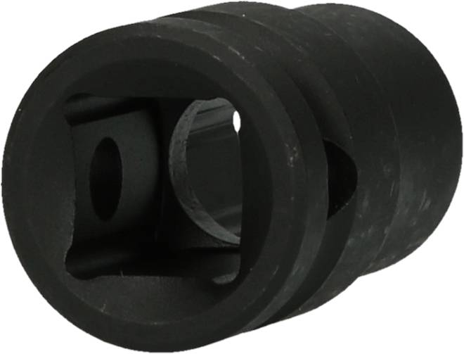 A black, cylindrical metal piece with multiple recesses and a central opening, likely part of a machine component.
