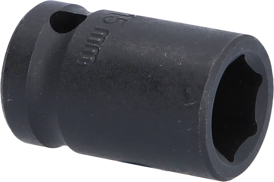 Black hex nut with an inscription '15 mm'. It is made from a robust material, likely for use with mechanical tools.