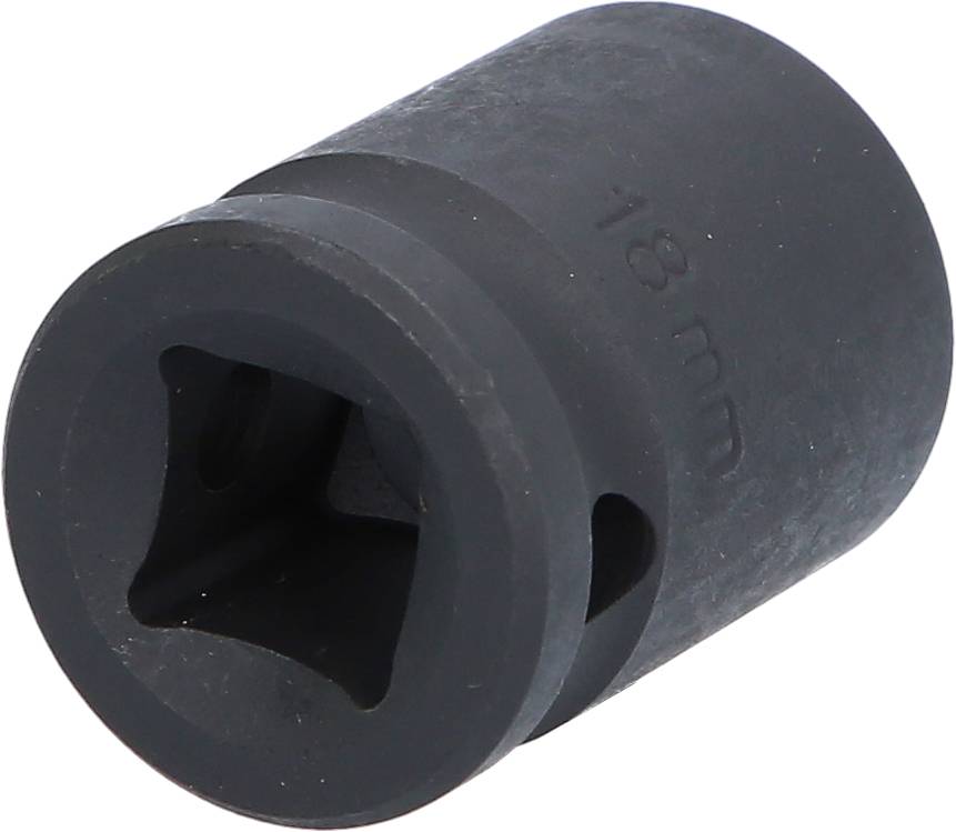 Black cylinder-shaped impact socket, marked as 18 mm. Used for securing screws and nuts.