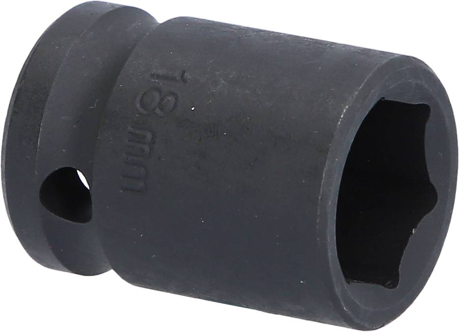A black metal socket attachment with an '18 mm' imprint, cylindrical in shape, for use with ratchets or similar tools.