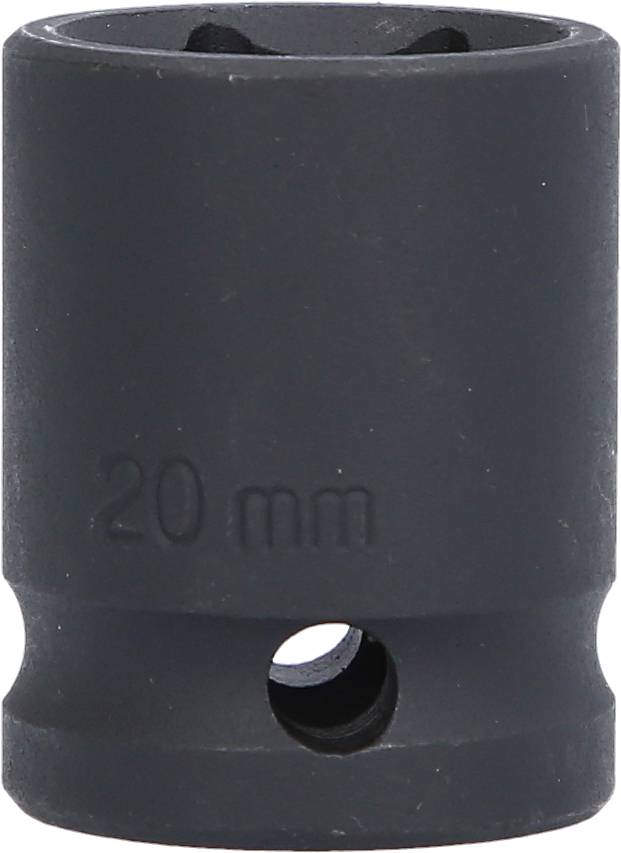 Black socket wrench, metric size '20 mm', with a round shape and a side hole for mounting.