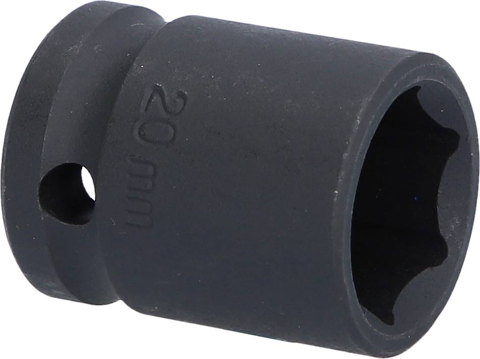 A black hexagonal socket with '20 mm' printed on it. It has a round hole on the side and is made from robust material.