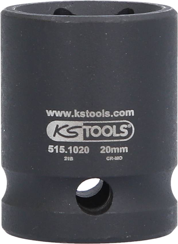 A black impact socket by KS Tools, 20 mm, made of chrome-molybdenum steel, with the article number 515.1020.