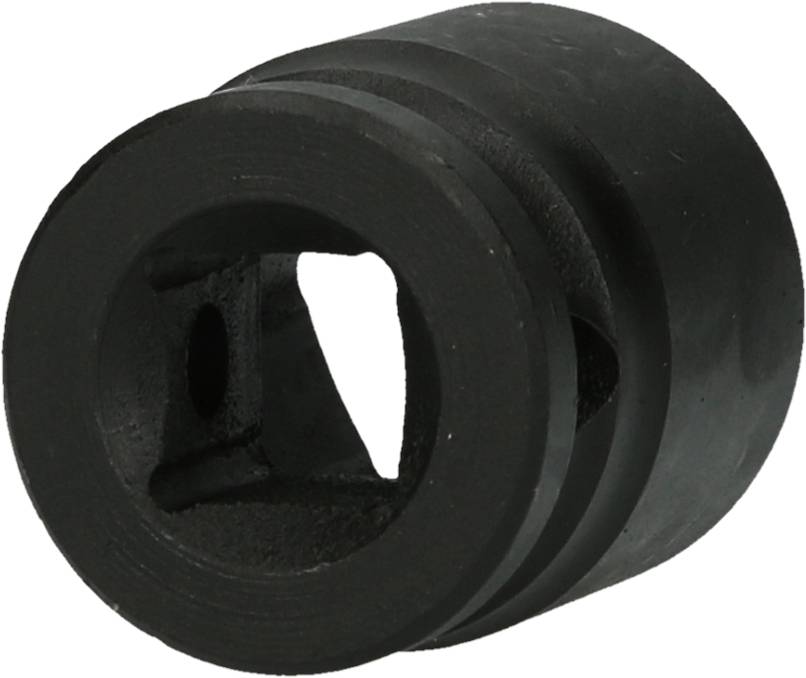 A black cylindrical plastic component with two lateral openings and an internal cavity.