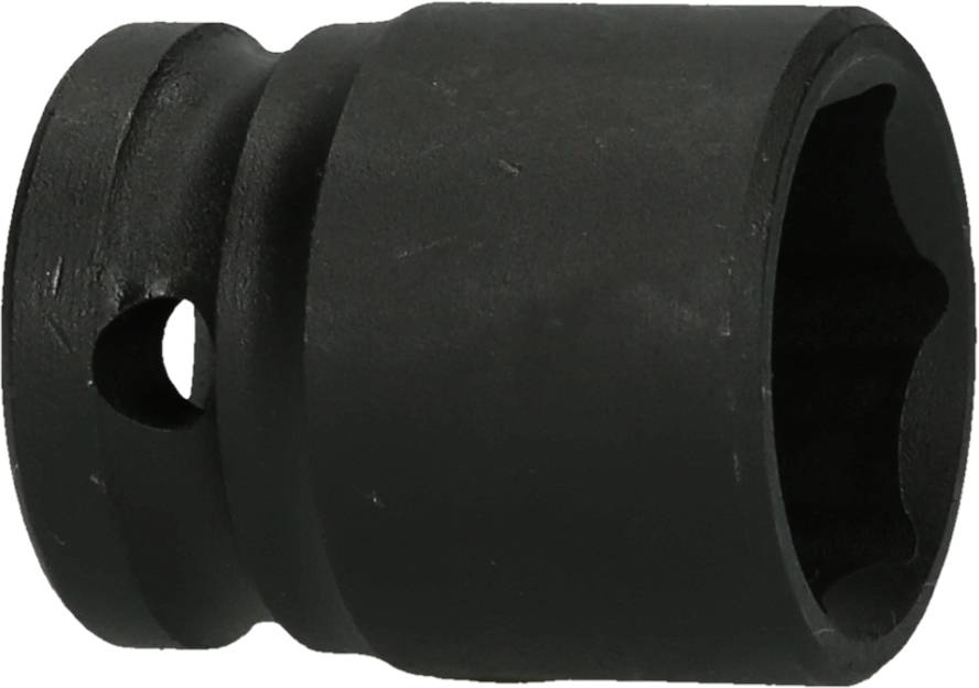 Black metal nut with a round profile, side hole, and internal curves for accommodating screw heads or nuts.