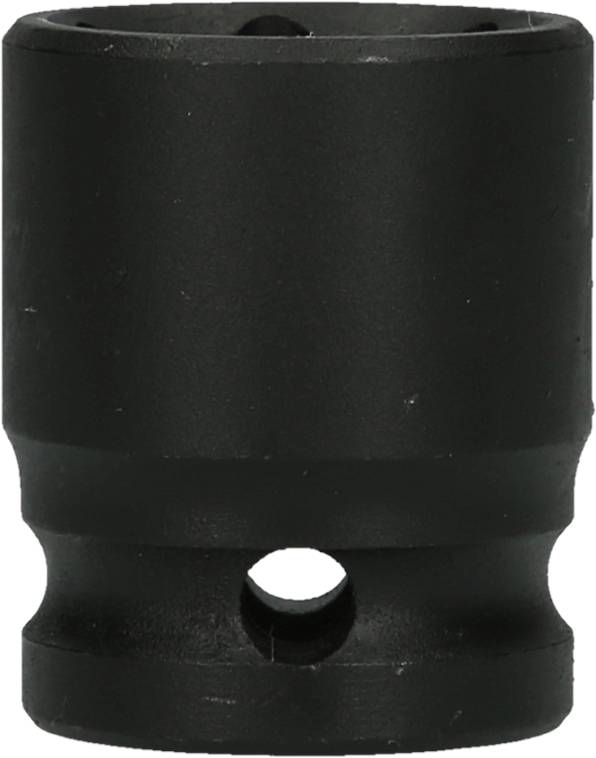Black metal container with a circular hole at the bottom, potentially part of a technical device or tool.