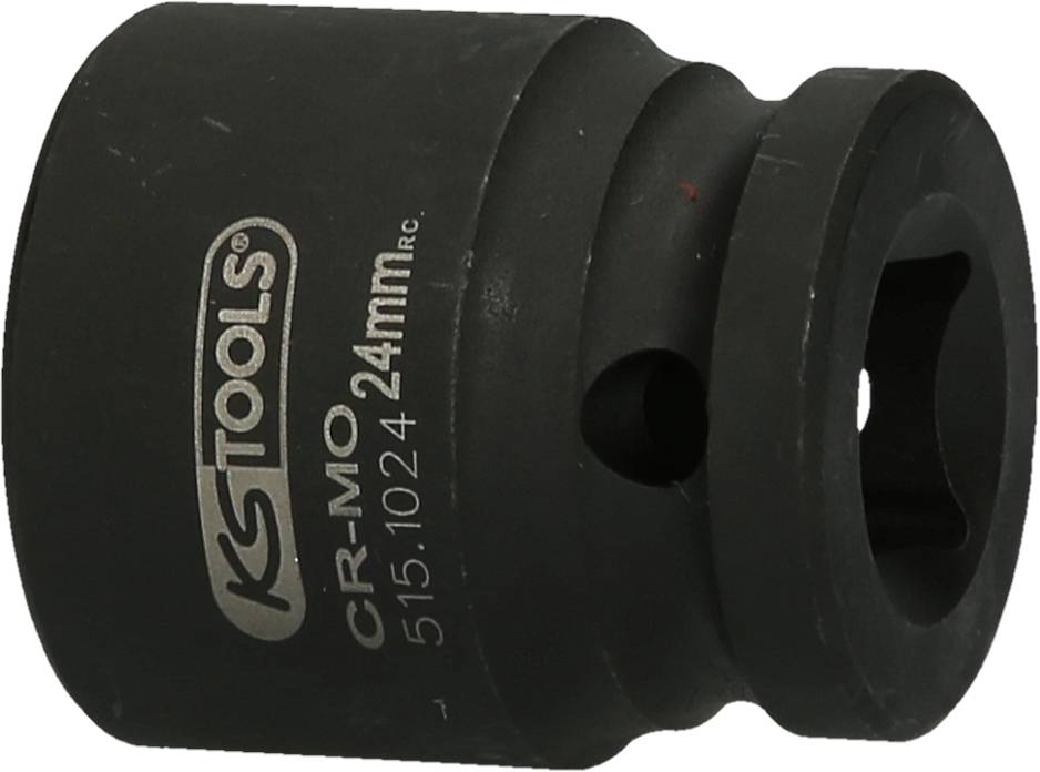 Socket 24mm by KS Tools with 'CR-MO 24mm' inscription, black, cylindrical shape, two side holes.